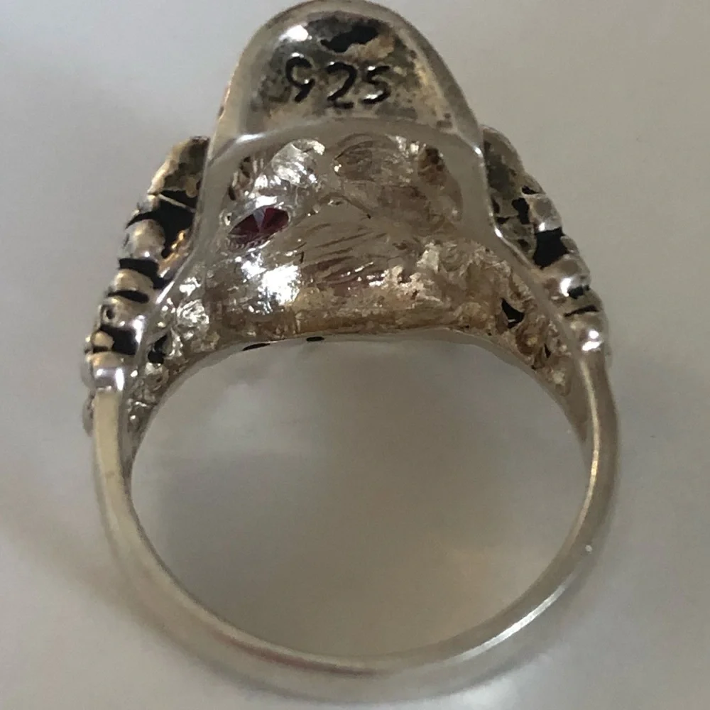 925 silver 13 size ring biker skull vertebrae red cz stone eye